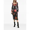 Dolce & Gabbana Rose-print Satin Long-sleeve Midi Dress In Black