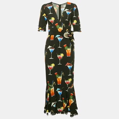 Pre-owned Dolce & Gabbana Black Embellished And Cocktail Print Crepe Long Dress S