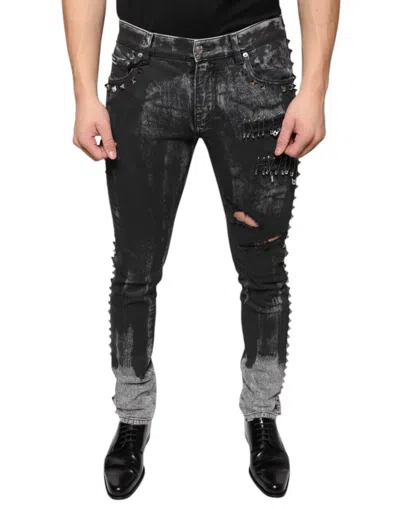 Dolce & Gabbana Black Embellished Cotton Skinny Denim Men's Jeans In Multi