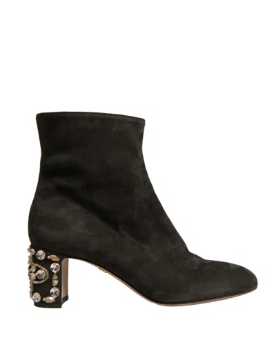 Dolce & Gabbana Black Embellished Heel Ankle Boots Women's Shoes In Multi