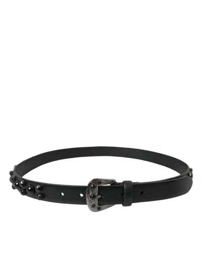 DOLCE & GABBANA BLACK EMBELLISHED LEATHER ENGRAVED BUCKLE BELT