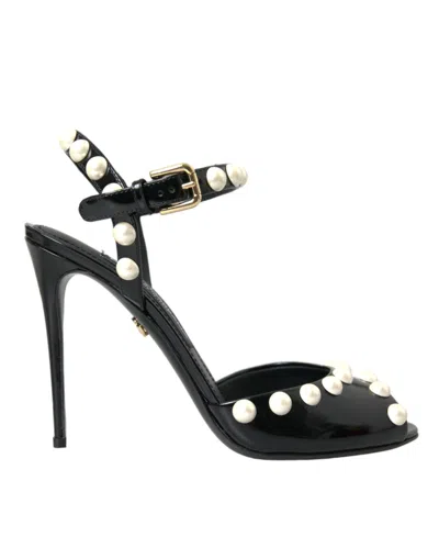 Dolce & Gabbana Black Embellished Leather Sandals Heels Shoes