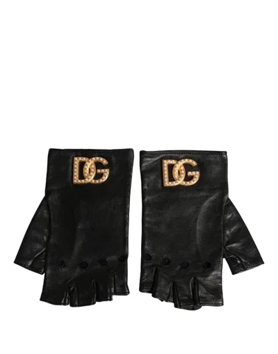 Dolce & Gabbana Black Embellished Wrist Length Fingerless Gloves