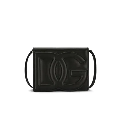 Dolce & Gabbana Black Embossed Logo Leather Cross Body Bag