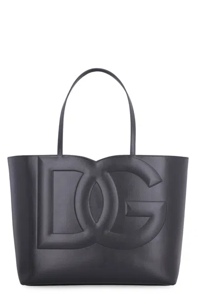 Dolce & Gabbana Black Embossed Logo Leather Tote Bag For Women