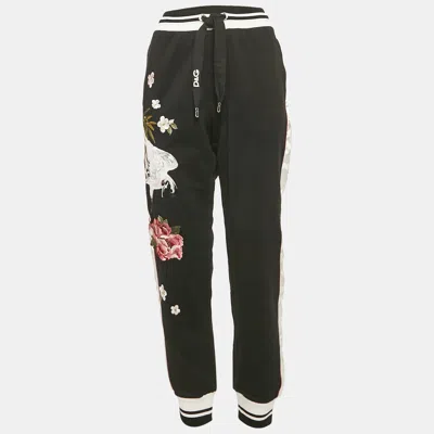 Pre-owned Dolce & Gabbana Black Embroidered Cotton Contrast Side Trimmed Trackpants Xl