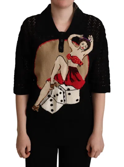DOLCE & GABBANA DOLCE & GABBANA BLACK EMBROIDERED KNITTED COTTON WOMEN'S SWEATER