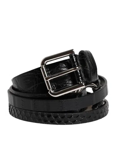 Pre-owned Dolce & Gabbana Black Exotic Leather Metal Logo Buckle Men's Belt ()