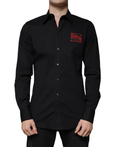 Dolce & Gabbana Black Eye Patch Long Sleeve Gold Dress Men's Shirt