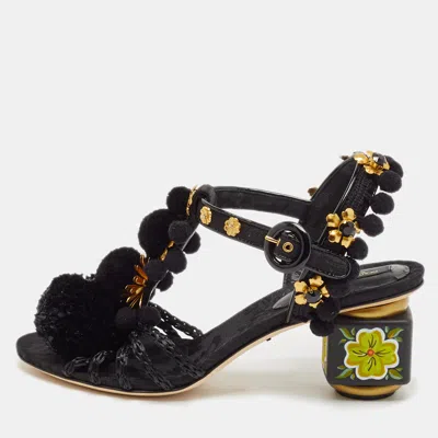 Pre-owned Dolce & Gabbana Black Fabric And Raffia Pom Pom Embellished T-strap Sandals Size 35