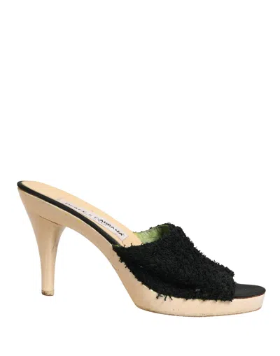 Pre-owned Dolce & Gabbana Black Fabric Fur Mule Wood Platform Heel Women's Shoes ()