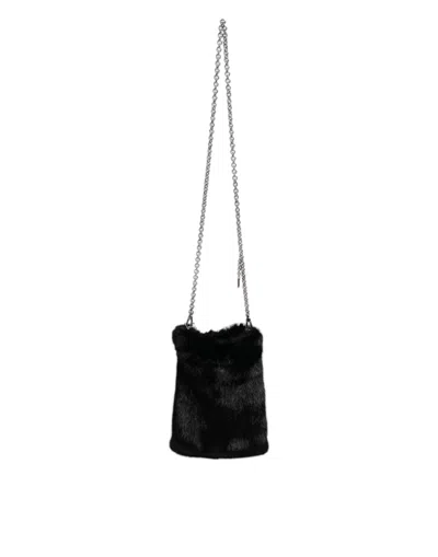 Dolce & Gabbana Black Faux Fur Silver Chain Crossbody Shoulder Purse Women's Bag In Black | Silver