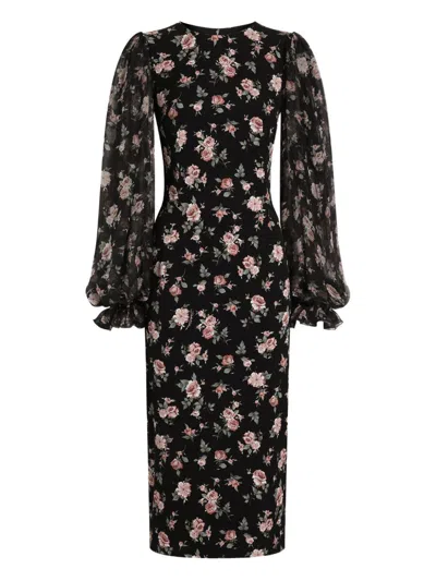 Dolce & Gabbana Black Fitted Midi Dress With Floral Print Dolce E Gabbana