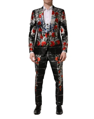 Dolce & Gabbana Black Floral 2 Buttons Formal 3 Piece Suit