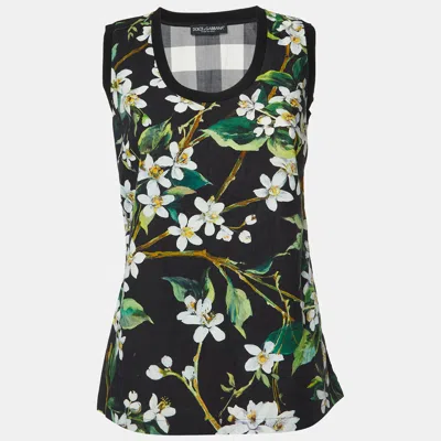 Pre-owned Dolce & Gabbana Black Floral And Checked Print Cotton Sleeveless Top S