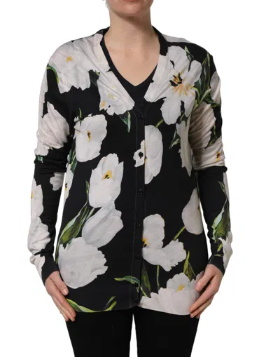 Pre-owned Dolce & Gabbana Black Floral Cashmere Silk Cardigan Women's Sweater ()