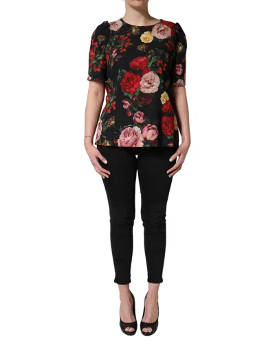 Dolce & Gabbana Black Floral Crepe Frill Detail Blouse Women's Top