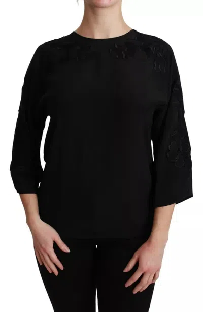 Dolce & Gabbana Black Floral Embroidered Blouse Silk Women's Top