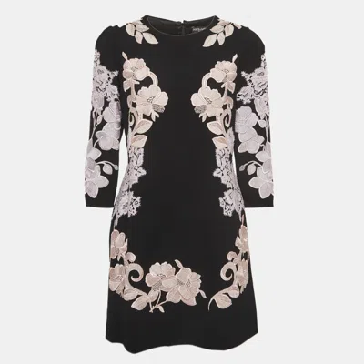 Pre-owned Dolce & Gabbana Black Floral Embroidered Crepe Mini Dress L