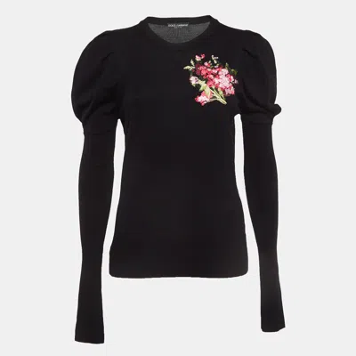Pre-owned Dolce & Gabbana Black Floral Embroidered Wool Sweater M