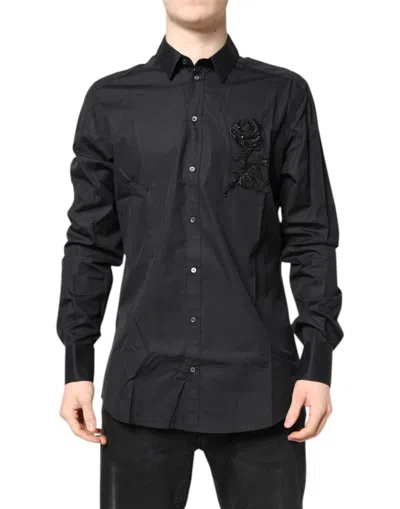 Dolce & Gabbana Black Floral Gold Cotton Dress Formal Men's Shirt