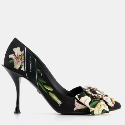 Pre-owned Dolce & Gabbana Black Floral Heels With Crystal Detailing Size Eu 38.5