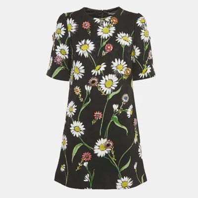 Pre-owned Dolce & Gabbana Black Floral Jacquard Crystal Detail Mini Dress M