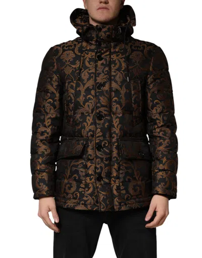 Dolce & Gabbana Black Floral Jacquard Quilted Hooded Jacket In Brown