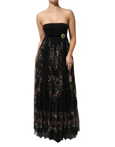 Dolce & Gabbana Floral Key Print Crystal Strapless Dress In Black