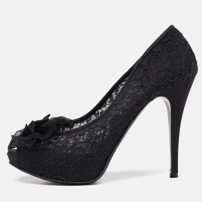 Pre-owned Dolce & Gabbana Black Floral Lace Bow Platform Peep Toe Pumps Size 40