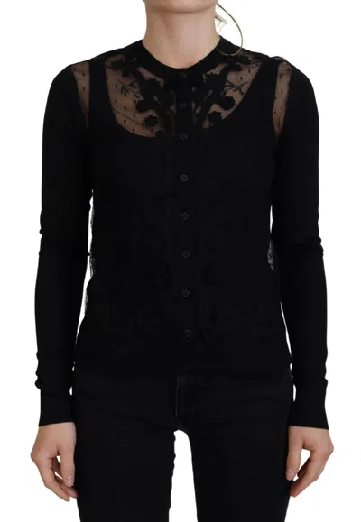 DOLCE & GABBANA DOLCE & GABBANA BLACK FLORAL LACE BUTTON CARDIGAN WOMEN'S SWEATER