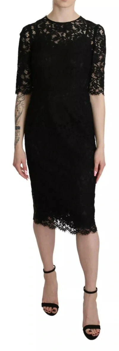 DOLCE & GABBANA BLACK FLORAL LACE SHEATH KNEE LENGTH DRESS