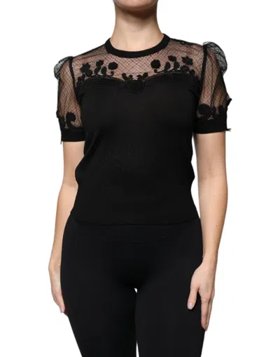 Dolce & Gabbana Black Floral Lace Short Sleeves Blouse Women's Top