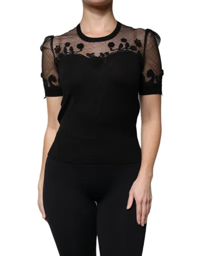 Pre-owned Dolce & Gabbana Black Floral Lace Short Sleeves Blouse Women's Top ()