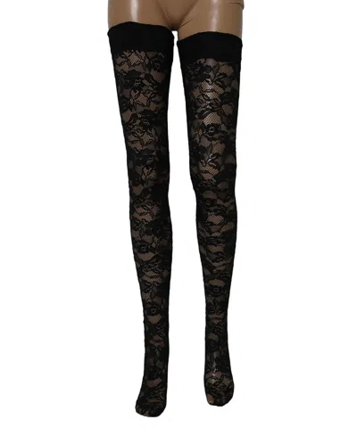 Dolce & Gabbana Black Floral Lace Thigh High Stockings Socks In Multi
