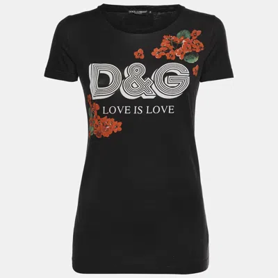 Pre-owned Dolce & Gabbana Black Floral Logo Print Jersey Knit T-shirt Xs