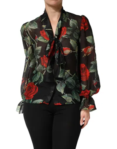 DOLCE & GABBANA DOLCE & GABBANA BLACK FLORAL LONG SLEEVES SILK BLOUSE WOMEN'S TOP