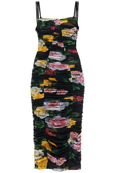 Dolce & Gabbana Black Floral Midi Synthetic Dress Women