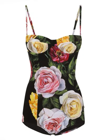 DOLCE & GABBANA DOLCE & GABBANA BLACK FLORAL ONE-PIECE SWIMSUIT WITH SWEETHEART NECKLINE