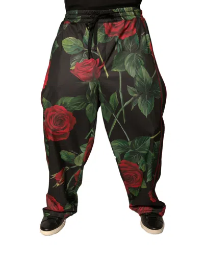 Dolce & Gabbana Black Floral Polyester Jogger Sweatmen's Men's Pants