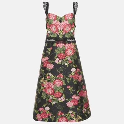 Pre-owned Dolce & Gabbana Black Floral Print Brocade Logo Strap Midi Dress L