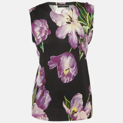 Pre-owned Dolce & Gabbana Black Floral Print Cashmere & Silk Jumper M