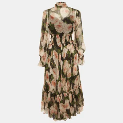 Pre-owned Dolce & Gabbana Black Floral Print Chiffon Neck Tie Midi Dress S