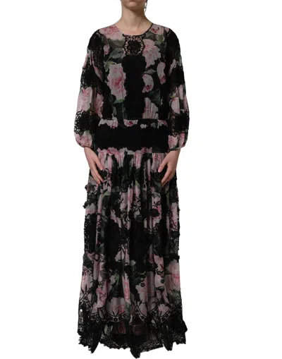 Pre-owned Dolce & Gabbana Black Floral Print Cotton Lace Maxi Women's Dress ()