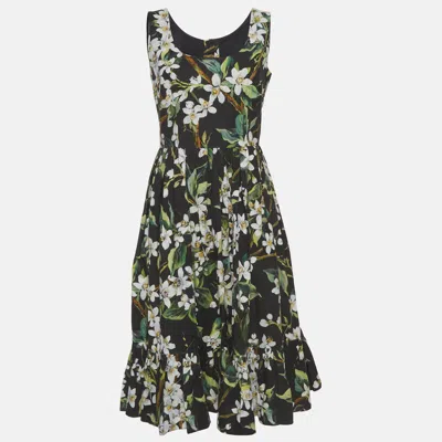 Pre-owned Dolce & Gabbana Black Floral Print Cotton Tiered Midi Dress M