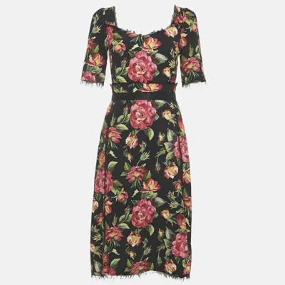 Pre-owned Dolce & Gabbana Black Floral Print Crepe Midi Dress S