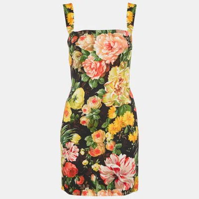 Pre-owned Dolce & Gabbana Black Floral Print Crepe Mini Dress S In Yellow