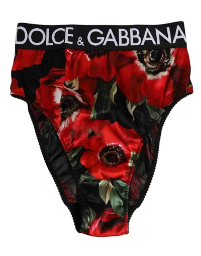 Dolce & Gabbana Black Floral Print High Waist Panty Underwear In Red