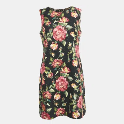 Pre-owned Dolce & Gabbana Black Floral Print Jacquard Cotton Blend Sleeveless Mini Dress L