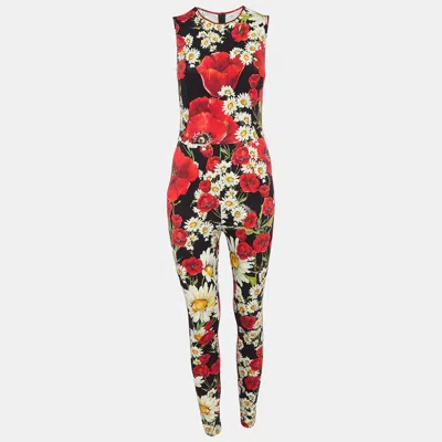 Pre-owned Dolce & Gabbana Black Floral Print Jersey Catsuit Jumpsuit S